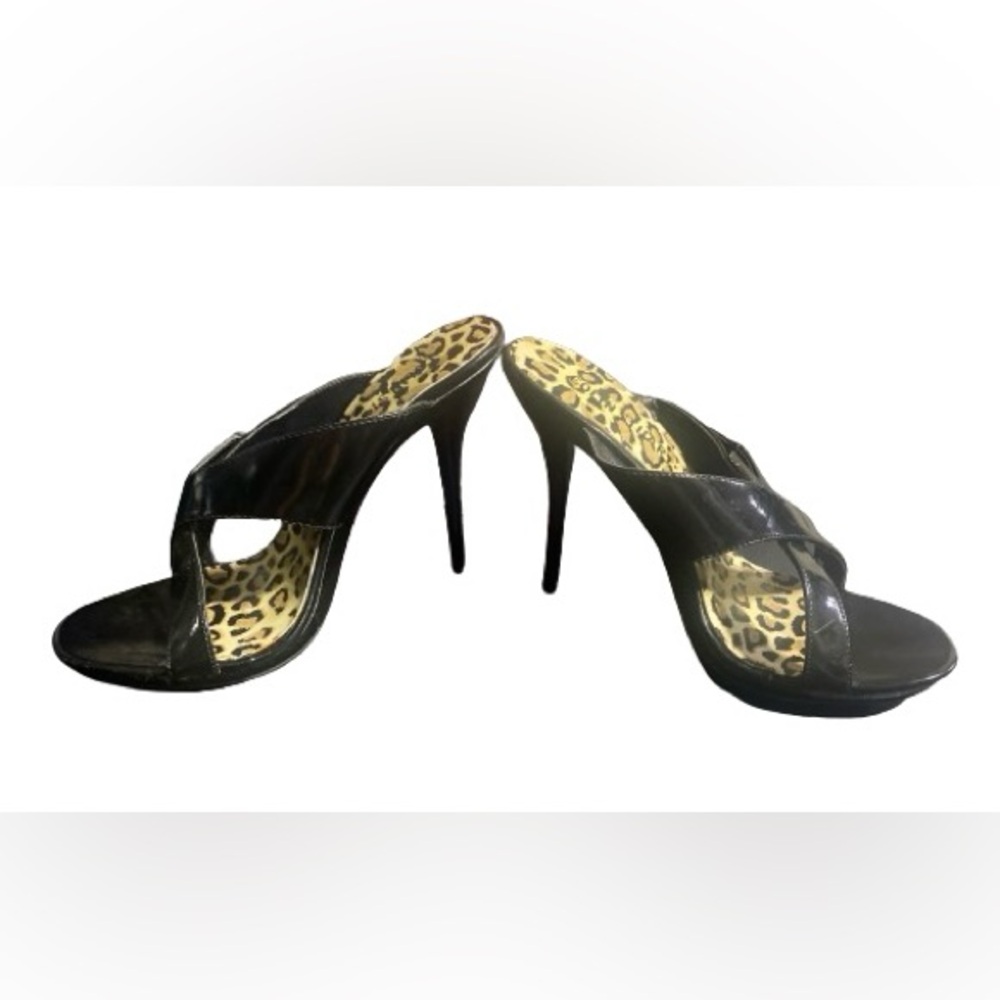 Colin Stuart Solid Patent Black Cross Band Open Toe Cheetah Stilleto Heels 6.5